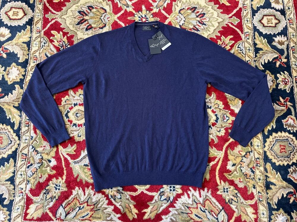 Greg Norman Sweater Mens L Blue V Neck Cotton Golf Shark Logo Pullover Knit Wool